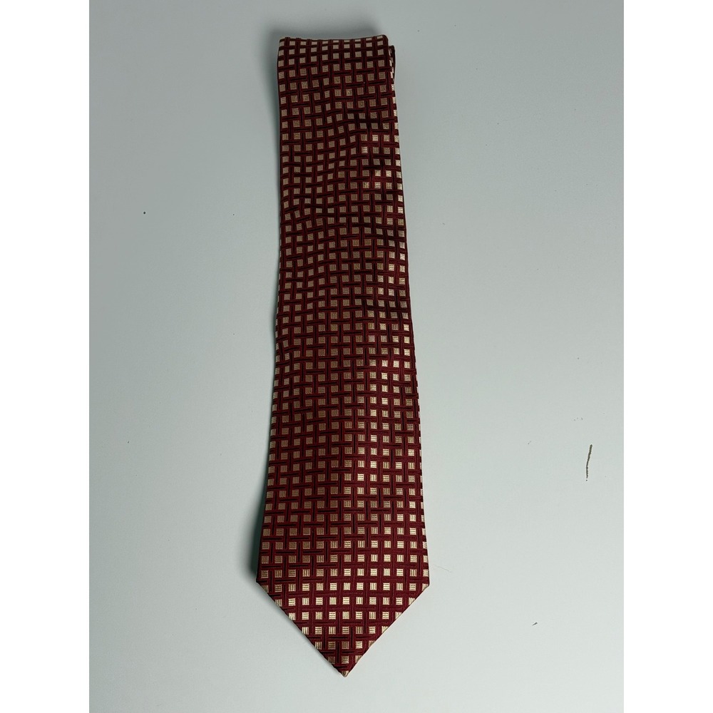 Addison on Madison Mens Silk Tie Red Gold Geometric Grid Handmade Necktie